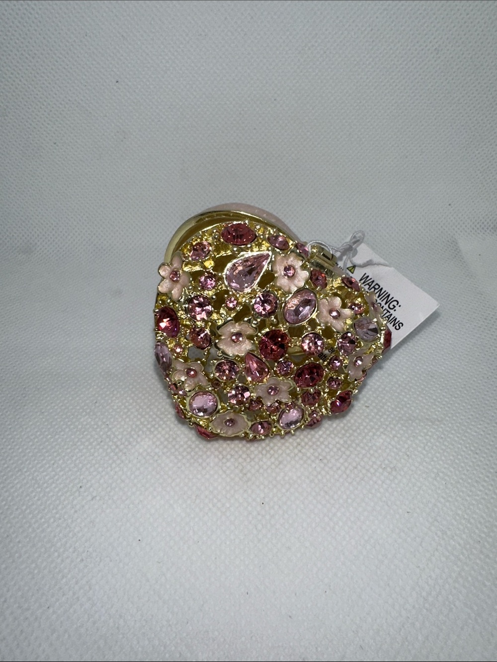 Gold-Tone Heart Trinket/Jewelry Box with Pink & Gold Crystal Accents/Flowers